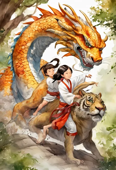 a 10yo girl wearing karategi is laying on top of a dragon and the dragon is breathing fire onto her, a 10yo boy wearing karategi is riding on back of a tiger. the dragon and the tiger battle each other.