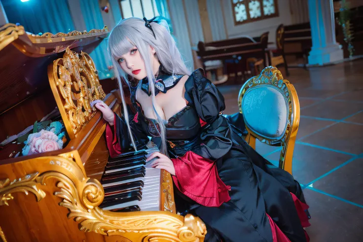 Blonde woman in black and red dress sitting at piano, Anime girl cosplay, elegant glamourous cosplay, Anime cosplay, Gorgeous Role Play, cosplay, Hatsune Miku cosplay, cosplay foto, vocaloid, Loli, glamourous cosplay, rococo cyberpunk, Shot on Canon EOS R ...