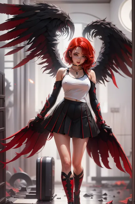 high quality 4k, a demon girl, a fallen angel with bright red wings behind her back, in a miniskirt, in a short top, very beautiful, she looks 18 years old, red hair falls from her shoulders, all this against the background of a detailed black hole in red ...