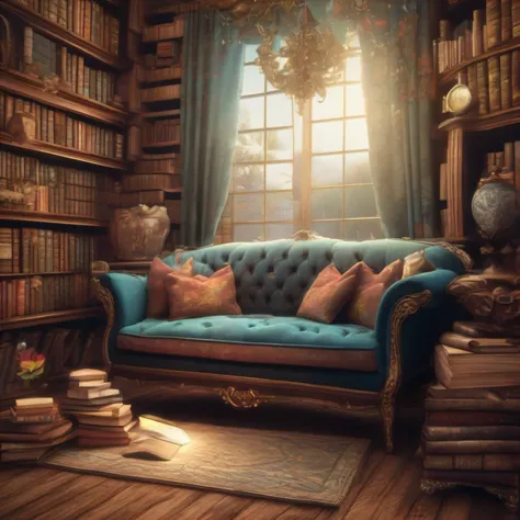 realistic illustration, bela sala de estar, encantada, with cute and antique sofa, com tapete, estante antiga cheia de livros