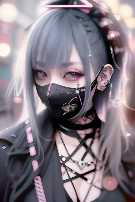 tattoo、Huza、Sit up、goth_punk, 1girl in, 独奏, medium shot, Walking in Harajuku, ((during night)), bokeh dof, Neon light, Iridescent eyes, starrysky, Pink shiny hair, White eyebrows, Radiant hair, (iridescent white hair), 耳Nipple Ring, bangss, jewely, masks, ...