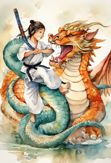 a 10yo girl wearing karategi is laying on top of a dragon, a 10yo boy wearing karategi is riding on back of a tiger. they are fighting each other.