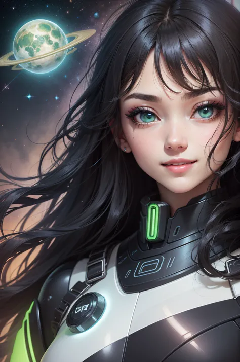 Wearing a tight spacesuit（Black is the main color、Green fluorescent color is a subcolor）、Sexy clothes、Futuristic clothes、Exposed skin a lot、infp young woman、Long Black Hair（10.0）、frontage、High-quality illustrations、big eye、Sheer eyes、Exquisite makeup、long ...