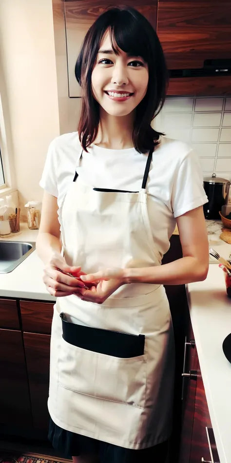 best quality,highly detailed,masterpiece,ultra-detailed,illustration,ultra high res, (photorealistic:1.4,8k),kitchen,1girl,cute,(apron, ),day,grin, face,black hair,clear face,