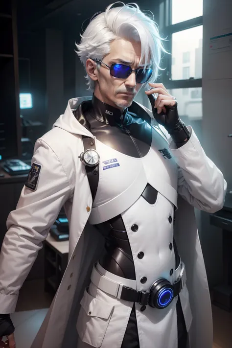 (​masterpiece), (top-quality), (ultra-detailliert), (Bust top)、Cybernetics Doctor, Crazy male cybernetics doctor、skinny  body、50 years old、white  hair、Wear mystical goggles、White coat、Delicate and fine, Incredibly high detail,Bright color palette, natural ...