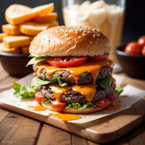 Lettuce and Alafin Burger, tomatoes, cheese, And onion slices that fall from it, food commercial 4 k, super realistic food picture, Ultra-fast shooting, Great food pictures, High-quality food photography, slow - mo high speed photography, High-speed shooti...