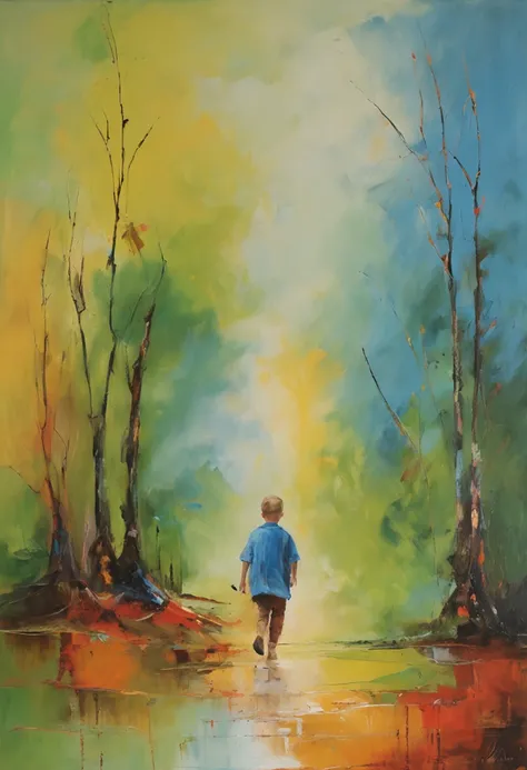 (A boy in a blue shirt walking through a serene forest)