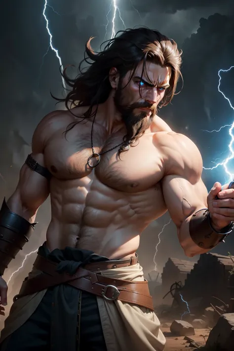 The male，There is a sense of power，A thicker iron chain is tied around the waist，Surrounded by lightning，Angry，More mature，No beard，Hair is of the Immortal Cultivator category