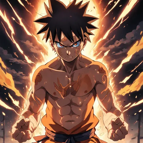 Naruto from "Naruto" in a fit of rage. Capture the essence of his burning determination and unyielding spirit as he unleashes his wrath upon his enemies. Keep it short, bold, and intense to convey the raw power of Luffys anger. ((Highly detailed image, bes...