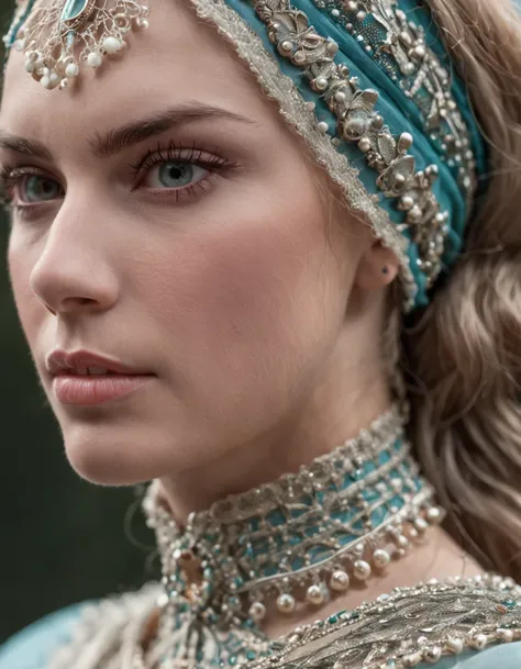 Beutiful women，high definition detail, Ivory headdress, Blue-green gemstones, a 3D render, rendering by octane, intricately details, Filigree decorative tiara, Cinematic