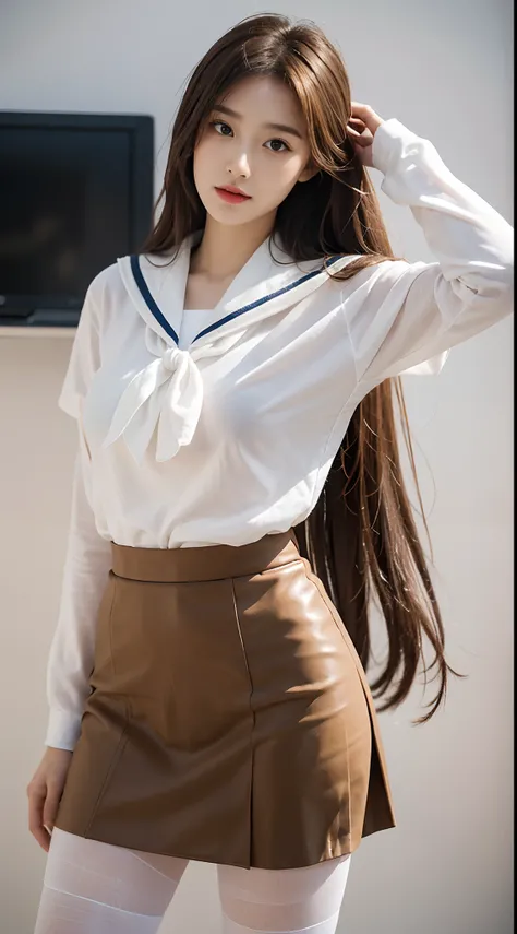 Camera shot，Faraway view，，A high resolution，Extreme detail，16k，one-girl，Long brown hair，Long hair shawl，Fill your face light，Emphasis，Exquisite and perfect facial features，with a round face，Big sweet eyes with lying silkworms，Extremely precise body structu...