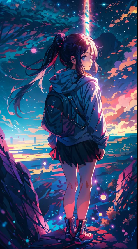 Anime girl standing on a rock is looking at the starry sky, makoto shinkai cyril rolando, anime art wallpaper 4k, anime art wallpaper 4k, Anime art wallpaper 8k, cosmic sky. by makoto shinkai, inspired by Cyril Rolando, in the style dan mumford artwork, am...