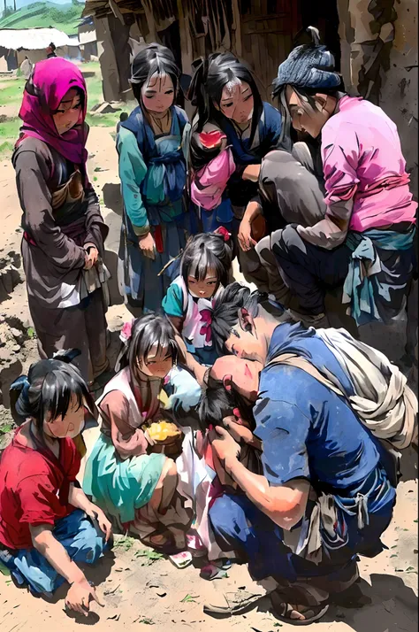 A group of vicious bandits came to the ruined village，Poor villagers were forced to demand food，A cute and poor little girl knelt in front of the bandit leader crying with her mothers corpse in her arms