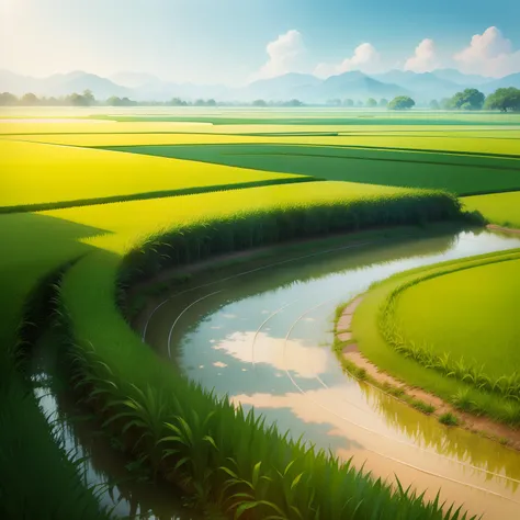 photographrealistic, Thailand, rice field, Cool weather, Daytime, Have the sun, 2 times degree:00PM, Painted watercolor, digital-painting style.