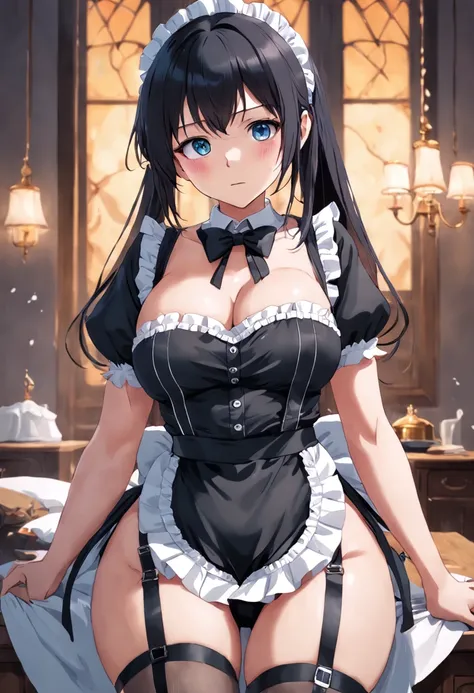 Maid outfit Big breasts Black silk big man Eight feet tall Restrained Restrained Male characteristics Huge nipple clip suspender stockings