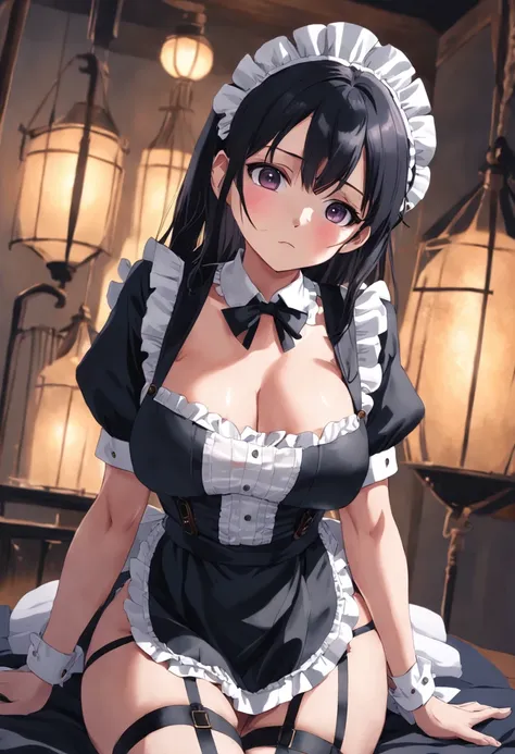 Maid outfit Big breasts Black silk big man Eight feet tall Restrained Restrained Male characteristics Huge nipple clip suspender stockings