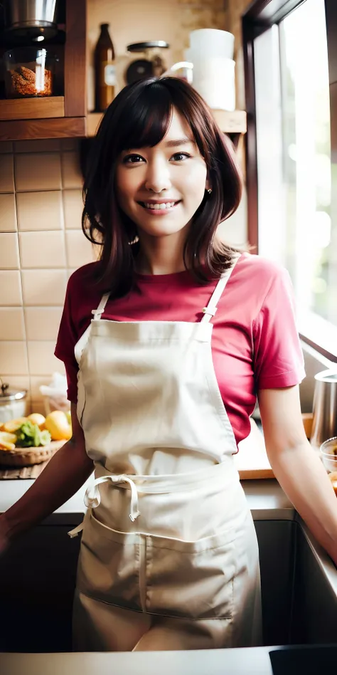 best quality,highly detailed,masterpiece,ultra-detailed,illustration,ultra high res, (photorealistic:1.4,8k),kitchen,1girl,cute,(apron, ),day,grin, face,black hair,clear face,