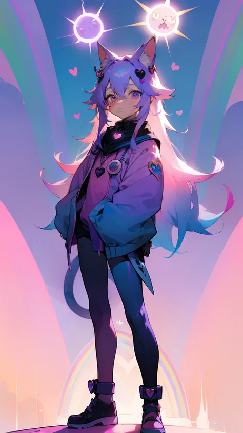 ((A lot in the hair,Cute Heart,stele,suns,rainbows,Cats,Hair ornaments))(Rabbit eared),((Male child))((Purple and blue and pink gradient hair colors,))Standing picture,albino,odd eye,Wonderland