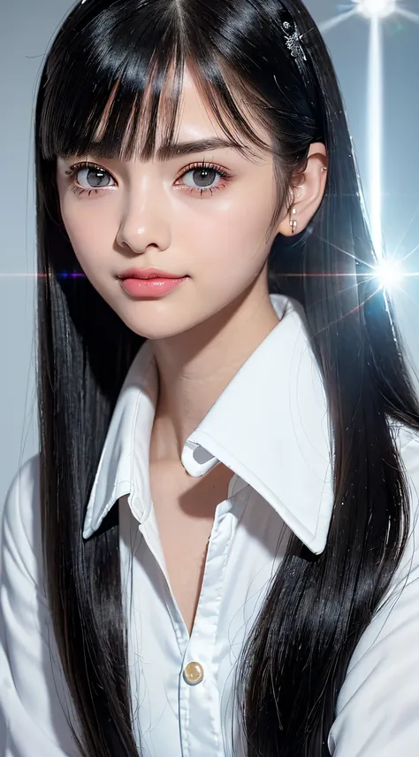 One girl, 20 years old,(((Unusually large eyes, Round black eyes, straight black hair, round face,puffy bangs, princess cut, long hair, slicked back hair, pearl barrette, X-shaped hair piece, (very small lips: 1.5), sparkling student,neat, shy smile, Look ...