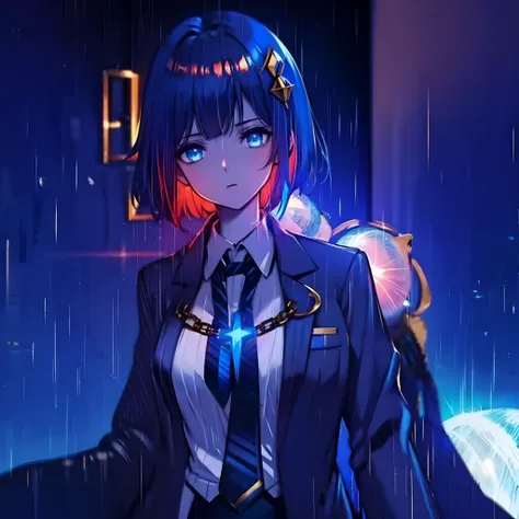 1 girl, solo, young girl, teenager, narrow head, short azure hair, blue eyes glowing red, angered expression, gold hair ornament, white and blue school uniform, long skirt, zoomed out, very dim lighting, rainy night, dark picture, cliff, tree on the side