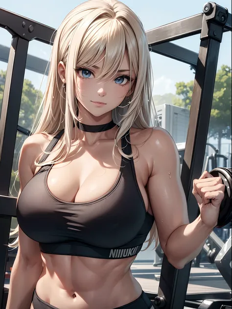 ((top-quality、8K,​masterpiece:1.3))、foco nítido:1.2、Beautiful woman with perfect body shape:1.4、A slight smil,A slender ,(well-muscled,abdominals:1.3),((huge-breasted:1.4))、(Sportsbra、spats:1.4),((sports gym:1.4)),(perspiring:1.2),stylish pose、Highly detai...