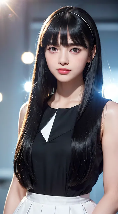 One girl, 20 years old,(((Unusually large eyes, Round black eyes, straight black hair, round face,puffy bangs, princess cut, long hair, slicked back hair, pearl barrette, X-shaped hair piece, (very small lips: 1.5), sparkling student,neat, shy smile, Look ...