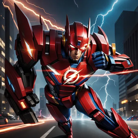 "An artistic fusion of The Flash and Optimus Prime, resulting in a lightning-fast and powerful character. The art style combines The Flashs dynamic speed with the formidable design of Optimus Prime. The character stands in a cityscape, surrounded by trails...