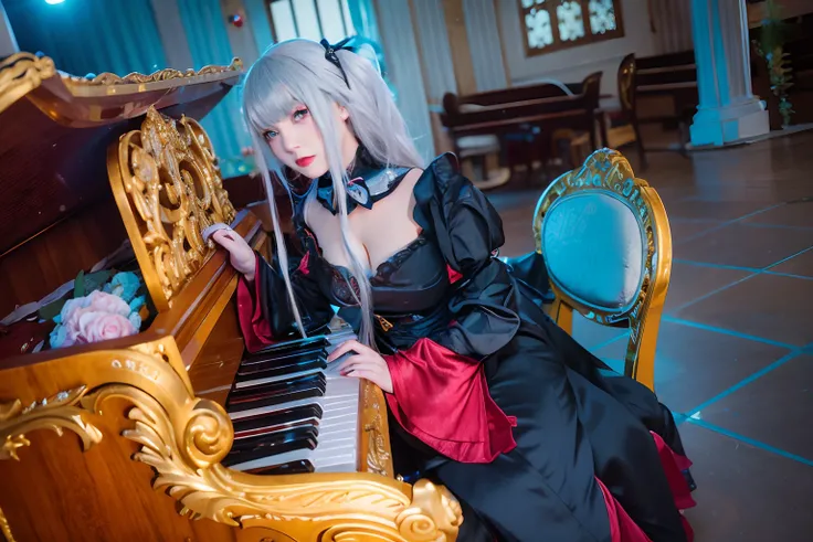 Blonde woman in black and red dress sitting at piano, Anime girl cosplay, elegant glamourous cosplay, Anime cosplay, Gorgeous Role Play, cosplay, Hatsune Miku cosplay, cosplay foto, vocaloid, Loli, glamourous cosplay, rococo cyberpunk, Shot on Canon EOS R ...