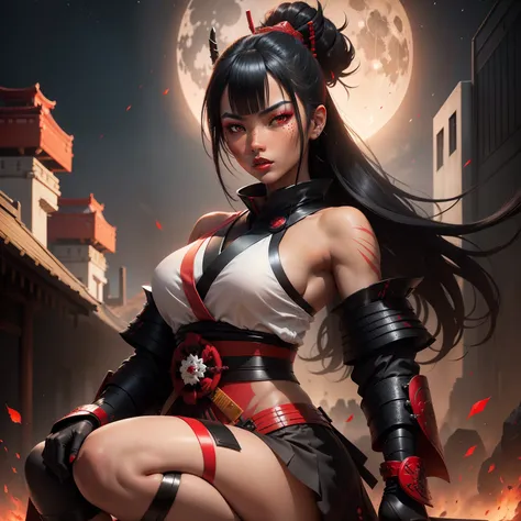 Female samurai warrior, jet black hair, dark skinned tanned, red black, bright moon, freckles on the face, red lipstick, full body, no extra hair, diamond shaped face, cover top