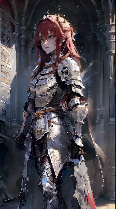 ((((((Knight Armor)))))), UHD, masterpiece, hight resolution, Hyper-detailing, Shiny skin, slim, look at the audience, 25 years old, medium breasts, （thick thight:0.5）, Green eyes, Black stockings, high-heels, long red hair that goes down to the waist, foc...