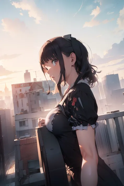 ultra quality, ultla highres, hyper detailed, high contrast, super fine illustration, creative refinement, huge breasts, Stylish city building rooftop