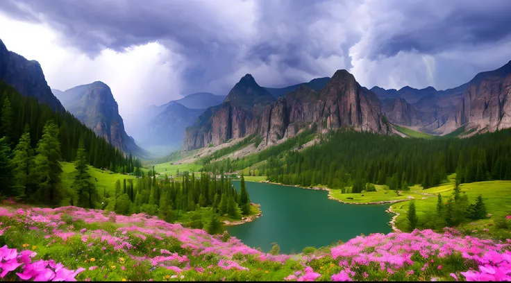 magical,  landscape, mysterious, luminous, dreary, complex, bloom, dreary. expansive, magnificent, god rays, storm, lightning, mountains, valley, boulders, trees, flowers, lake