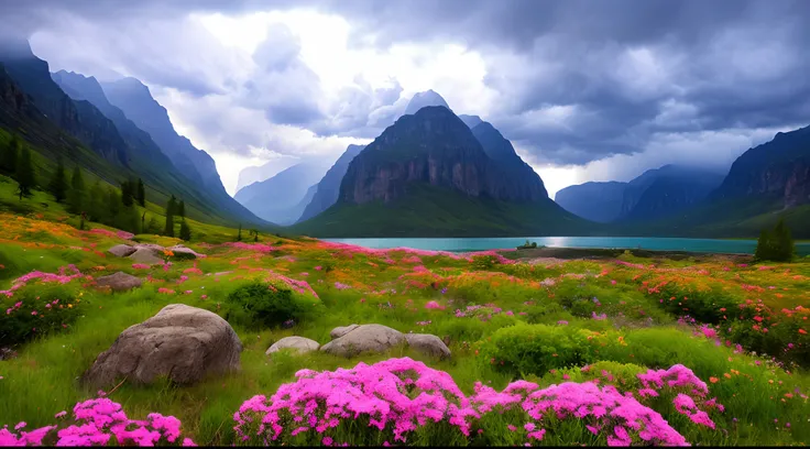 magical,  landscape, mysterious, luminous, dreary, complex, bloom, dreary. expansive, magnificent, god rays, storm, lightning, mountains, valley, boulders, trees, flowers, lake