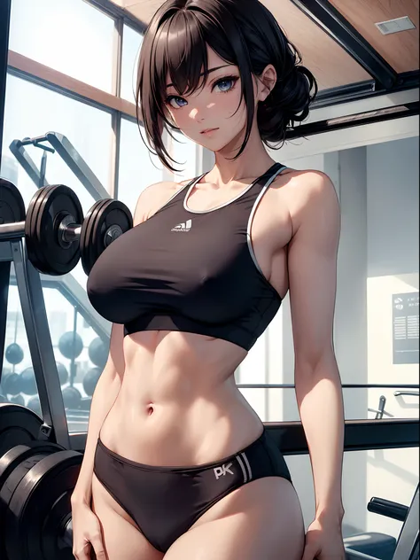 ((top-quality、8K,​masterpiece:1.3))、foco nítido:1.2、Beautiful woman with perfect body shape:1.4、A slight smil,A slender ,(well-muscled,abdominals:1.3),((huge-breasted:1.4))、(Sportsbra、spats:1.4),((sports gym:1.4)),(perspiring:1.2),stylish pose、Highly detai...