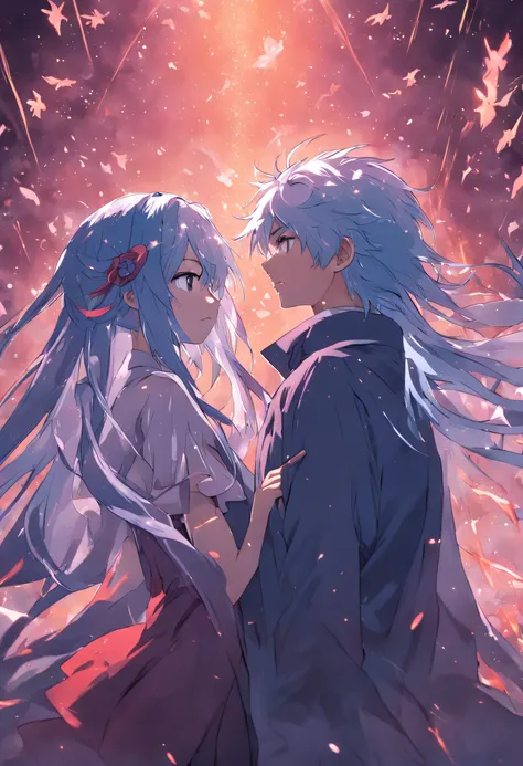 A couple，The man is blue haired，The woman is white haired