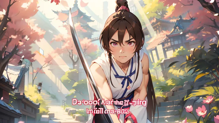 Long brown hair in a ponytail with a very long ribbon、dark pink eyes、Too eyebrows、well-muscled、1boy、Young boy、Handsome face、blue china dress、Five-point sleeves、Sleeveless white haori with hood、bare-legged、Black leggings、sandal、Sunnyday、Scenery of Shanghai、...