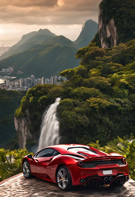 (Best quality, 8k, Masterpiece :1.2), hyper realistic, an red Ferrari 488 at a montain in the city of rio de janeiro Brazil, The Redeemer Christ at background, a beautifull brown hair girl looking at landscape