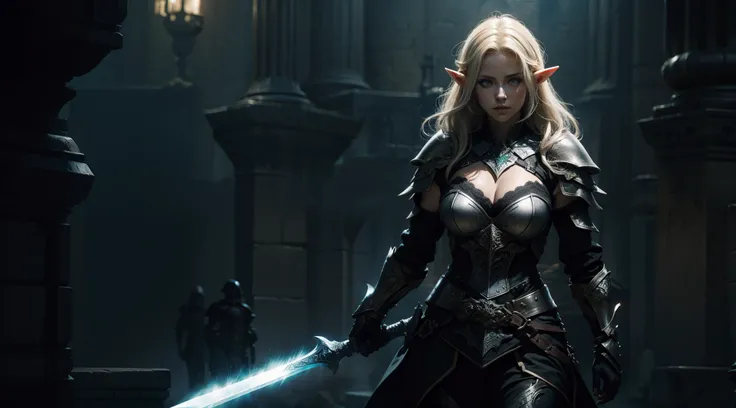 Female elf，Large breasts，Black armor，Glowing sword，dramatics，The background is the castle