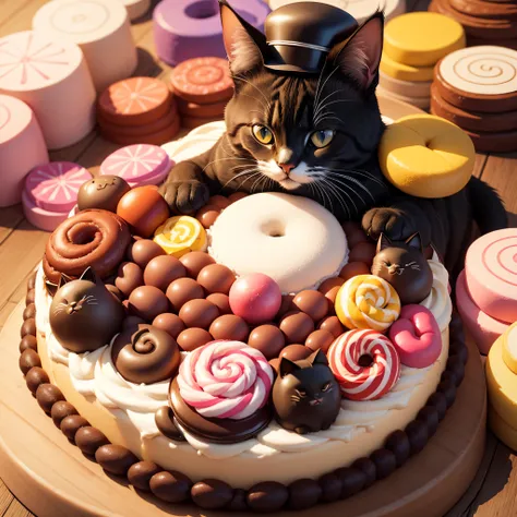 Make a logo with lots of sweets, a cat in the middle with 1 cooks hat --auto