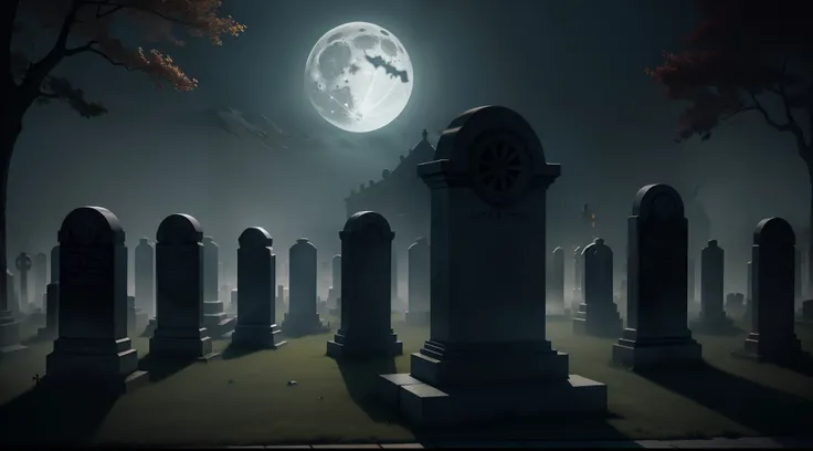 Generate a hauntingly beautiful image of a moonlit graveyard scene with tombstones looming in the shadows, realisitic, spooky, 4k