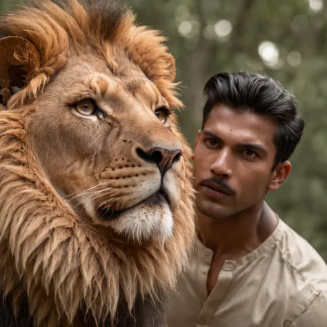 Lion attacking a handsome Indian man,glowing skin, jungle, volumetric lighting