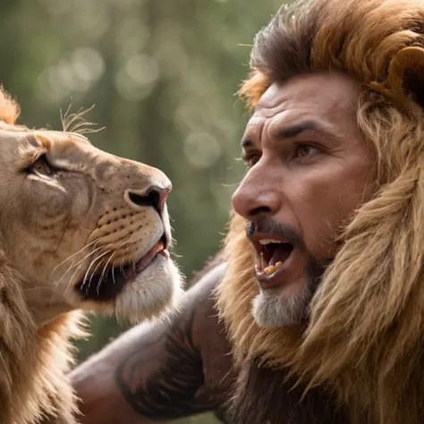 Lion attacking a handsome Indian man,glowing skin, jungle, volumetric lighting