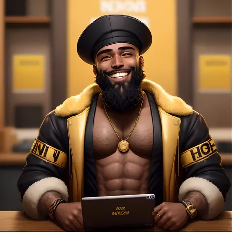 Close. 28-year-old crime pimp, brown skin with a beard,, Smiling gold teeth, hard disk, 10k, A hyper-realistic, Nikon D850