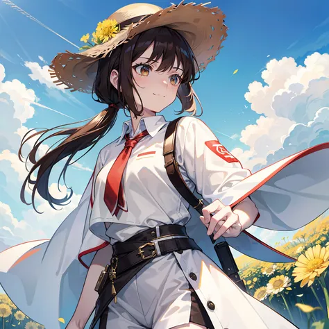 Brown-haired girl，pony tails，Big brown eyes，Arrogant smile，Cross your hands at the waist，The inside of the big white coat is a white T-shirt，Big white sports shorts，A straw hat hangs from the back，At the waist there is a sword tied by a red string(White sc...