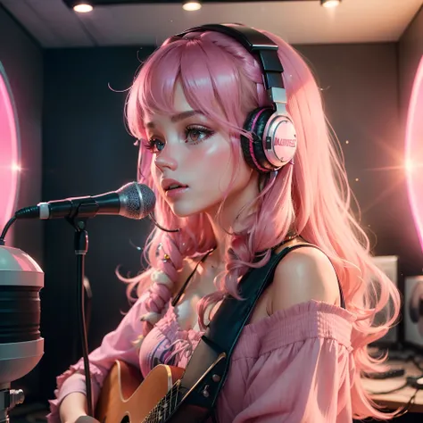 A morden Girl, pink theme, in the studio, wearing headsets, sparkling simple make up, sparkling face, sparkling lips, recording a song, hippie clothes, high quality pictures