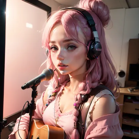 A morden Girl, pink theme, in the studio, wearing headsets, sparkling simple make up, sparkling face, sparkling lips, recording a song, hippie clothes, high quality pictures