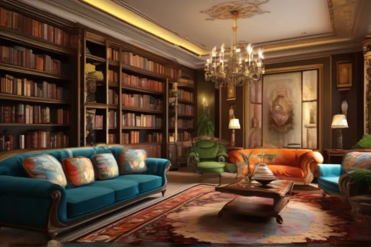 Modern style painting, Livable stylish living room, Pleasant atmosphere,Decorated with charming antique sofas, Furnished with soft carpets, There are antique bookshelves with a large collection。