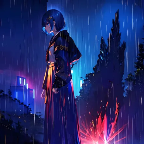 1 girl, solo, young girl, teenager, narrow head, short azure hair, blue eyes glowing red, angered expression, gold hair ornament, white and blue school uniform, long skirt, zoomed out, very dim lighting, rainy night, dark picture, cliff, tree on the side o...