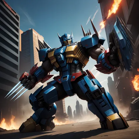 "An artistic fusion of Wolverine and Optimus Prime, resulting in a fierce and powerful character. The art style combines Wolverines ferocity with the formidable design of Optimus Prime. The character stands amidst a battlefield, claws extended and ready fo...