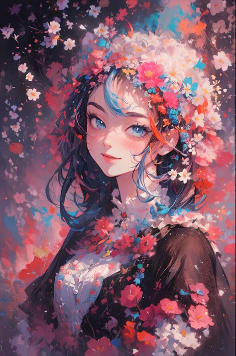 ((flowercrown)),Contemporary art created by tracing traces of colorful ink、​masterpiece、ultra-detailliert、pop-art、innocent smiles、eye glass、(1 girl, Solo:1.6),(Cute smile), (Best Impact:1.5), (maximalism:1.7), Vivid contrast, (Realistic), hyperrealistic il...